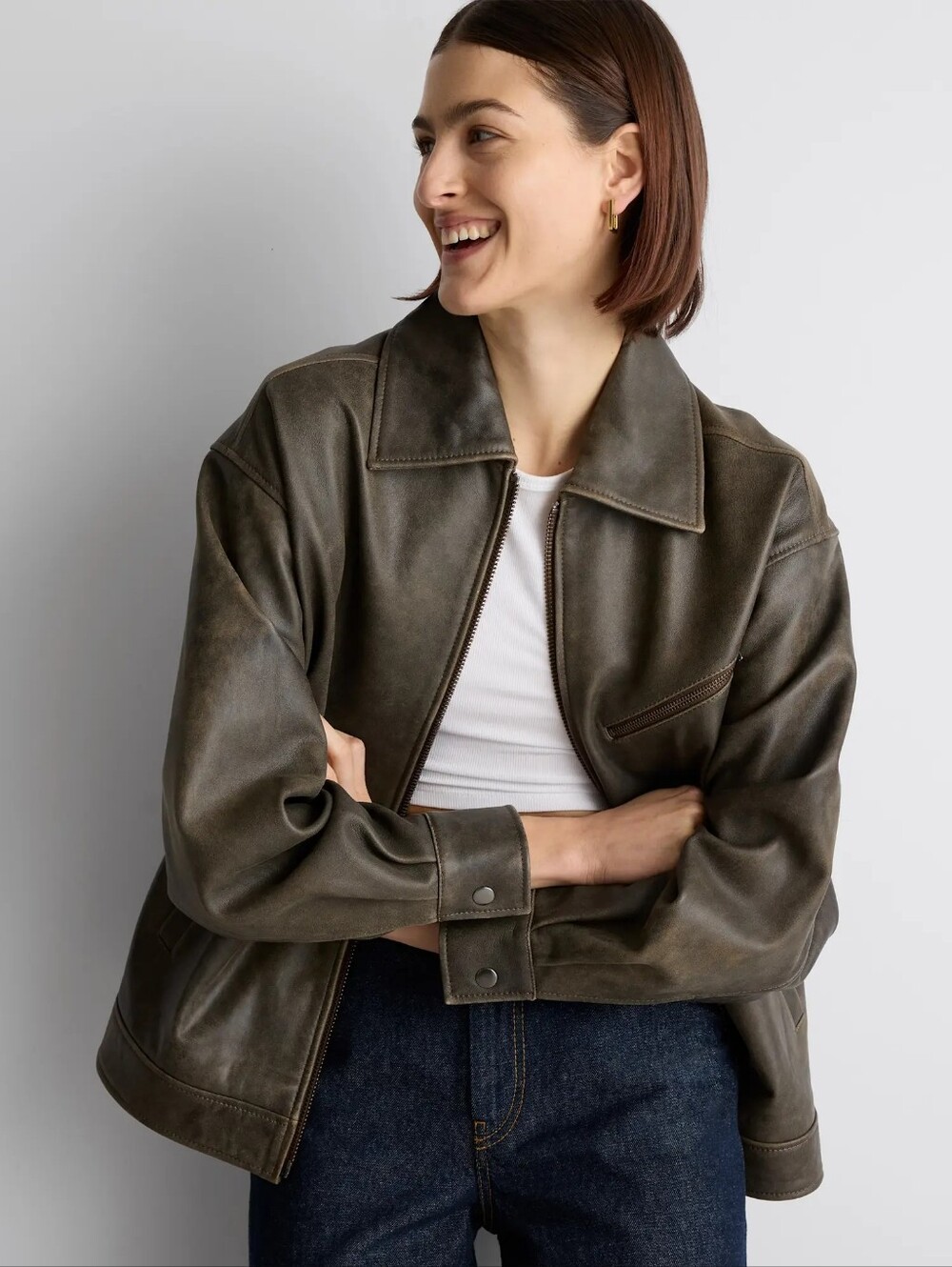 Quince Olive Green Leather Jacket